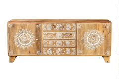 Antique Indian Painted Hand Country Chic Solid Wooden Tv Unit Natural 150x40x60cm A0290 Antique Indian Painted Hand Country Chic Solid Wooden Tv Unit Natural 150x40x60cm A0290