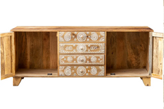 Antique Indian Painted Hand Country Chic Solid Wooden Tv Unit Natural 150x40x60cm A0290 Antique Indian Painted Hand Country Chic Solid Wooden Tv Unit Natural 150x40x60cm A0290