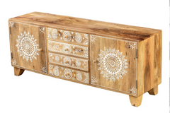 Antique Indian Painted Hand Country Chic Solid Wooden Tv Unit Natural 150x40x60cm A0290 Antique Indian Painted Hand Country Chic Solid Wooden Tv Unit Natural 150x40x60cm A0290