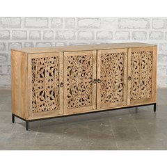 Carved Oasis Hand Carved Floral Carvings Wooden Sideboard Natural Finish Carved Oasis Hand Carved Floral Carvings Wooden Sideboard Natural Finish