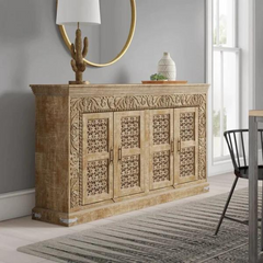 Carved Oasis Hand Carved Solid Mango Wood 4 Doors Sideboard Rustic White Carved Oasis Hand Carved Solid Mango Wood 4 Doors Sideboard Rustic White