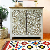 Carved Oasis Hand Carved Solid Mango Wood Floral Carvings 2 Doors Cabinet