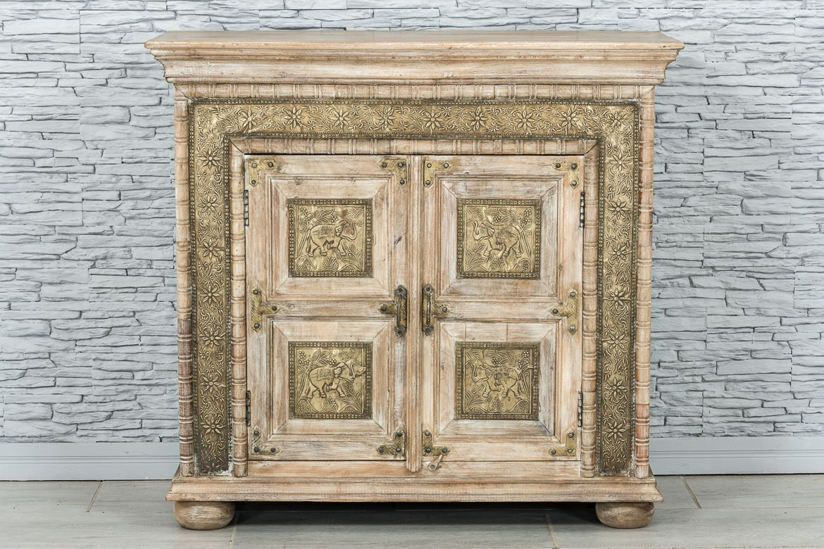 Antique Indian Brass Work Hand Carved Solid Wooden Sideboard Natural 101x45x95cm A087  -   Antique Indian Brass Work Hand Carved Solid Wooden Sideboard Natural 101x45x95cm A087  -