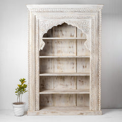 Rajasthan Handcarved Indian Furniture Wooden Mehrab Style Bookshelf Rajasthan Handcarved Indian Furniture Wooden Mehrab Style Bookshelf