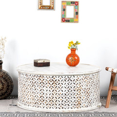 Bristol Hand Carved Indian Solid Wood Round Coffee Table (White Rustic Finish) Bristol Hand Carved Indian Solid Wood Round Coffee Table (White Rustic Finish)