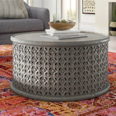 Bristol Hand Carved Indian Solid Wood Round Coffee Table With Jali (Grey) Bristol Hand Carved Indian Solid Wood Round Coffee Table With Jali (Grey)