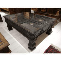 Antique Indian Old Door Brass Work Solid Wood Coffee Table C12 Antique Indian Old Door Brass Work Solid Wood Coffee Table C12