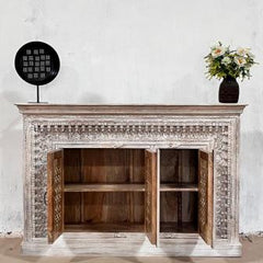 Indian Handmade Carved Solid Hard Wood 3 Doors Sideboard Greywash 150x40x100Cm Indian Handmade Carved Solid Hard Wood 3 Doors Sideboard Greywash 150x40x100Cm
