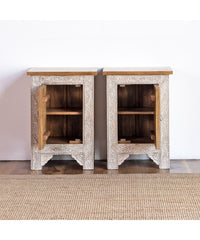 Indian Hand Carved Solid Wooden Bedside Table Whitewash Indian Hand Carved Solid Wooden Bedside Table Whitewash