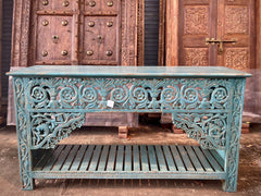 Indian Hand Carved Solid Wood Console Hall Table Blue Indian Hand Carved Solid Wood Console Hall Table Blue