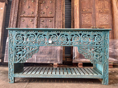 Indian Hand Carved Solid Wood Console Hall Table Blue Indian Hand Carved Solid Wood Console Hall Table Blue