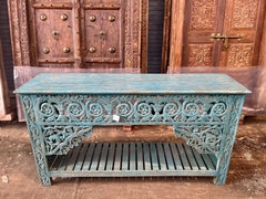 Indian Hand Carved Solid Wood Console Hall Table Blue Indian Hand Carved Solid Wood Console Hall Table Blue