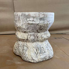 Indian Antique Tribal Hand Carved Work Art Solid Wooden Vintage Okhli Side Table Whitewash Rustic 45x45x45cm Indian Antique Tribal Hand Carved Work Art Solid Wooden Vintage Okhli Side Table Whitewash Rustic 45x45x45cm