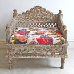 Mughal Garden Hand Carved Indian Single Chair Low Seat Mughal Garden Hand Carved Indian Single Chair Low Seat
