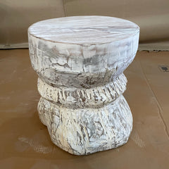 Indian Antique Tribal Hand Carved Work Art Solid Wooden Vintage Okhli Side Table Whitewash Rustic 45x45x45cm Indian Antique Tribal Hand Carved Work Art Solid Wooden Vintage Okhli Side Table Whitewash Rustic 45x45x45cm