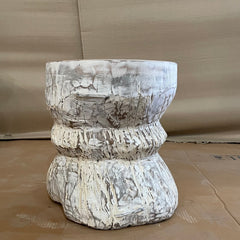 Indian Antique Tribal Hand Carved Work Art Solid Wooden Vintage Okhli Side Table Whitewash Rustic 45x45x45cm Indian Antique Tribal Hand Carved Work Art Solid Wooden Vintage Okhli Side Table Whitewash Rustic 45x45x45cm