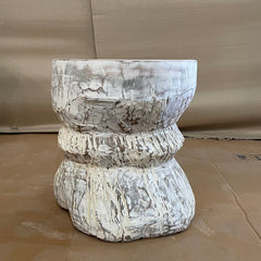 Indian Antique Tribal Hand Carved Work Art Solid Wooden Vintage Okhli Side Table Whitewash Rustic 45x45x45cm Indian Antique Tribal Hand Carved Work Art Solid Wooden Vintage Okhli Side Table Whitewash Rustic 45x45x45cm