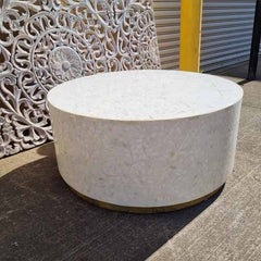 Indian Real Bone Inlay Round Drum Handmade Coffee Table White Floral 90x90x40cm Indian Real Bone Inlay Round Drum Handmade Coffee Table White Floral 90x90x40cm