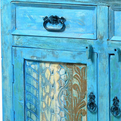 Rainbow Reclaimed Wood Carved Panel Solid Large Sideboard Buffet Blue Rainbow Reclaimed Wood Carved Panel Solid Large Sideboard Buffet Blue