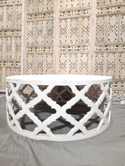 Bristol Hand Carved Indian Solid Wood Round Coffee Table White Wash 100x100x30cm Bristol Hand Carved Indian Solid Wood Round Coffee Table White Wash 100x100x30cm