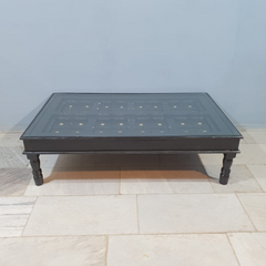 Indian Handmade Carved Solid Hard Wood Coffee Table in Black With Glass Cover 160x100x45Cm Indian Handmade Carved Solid Hard Wood Coffee Table in Black With Glass Cover 160x100x45Cm