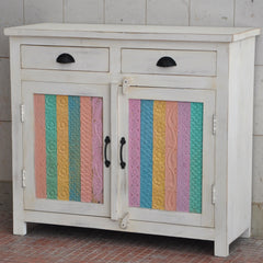 Rainbow Block Print Reclaimed boat wood Small Sideboard Buffet Carved doors Rainbow Block Print Reclaimed boat wood Small Sideboard Buffet Carved doors