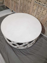 Bristol Hand Carved Indian Solid Wood Round Coffee Table White Wash 100x100x30cm Bristol Hand Carved Indian Solid Wood Round Coffee Table White Wash 100x100x30cm