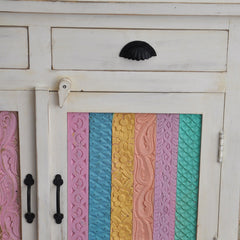 Rainbow Block Print Reclaimed boat wood Small Sideboard Buffet Carved doors Rainbow Block Print Reclaimed boat wood Small Sideboard Buffet Carved doors