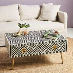 Maaya Bone Inlay Rectangular Coffee Table Black Geometric Maaya Bone Inlay Rectangular Coffee Table Black Geometric