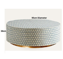 CUSTOM Maaya Brass Bone Inlay Round Drum Coffee Table Blue Daisy CUSTOM Maaya Brass Bone Inlay Round Drum Coffee Table Blue Daisy