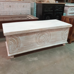 Handmade Indian Furniture Solid Hard Wood Carved Blanket Box Whitewash Handmade Indian Furniture Solid Hard Wood Carved Blanket Box Whitewash