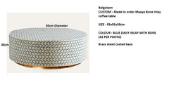 CUSTOM Maaya Brass Bone Inlay Round Drum Coffee Table Blue Daisy CUSTOM Maaya Brass Bone Inlay Round Drum Coffee Table Blue Daisy