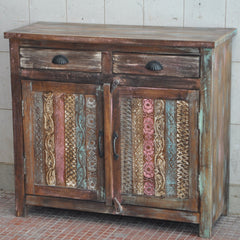 Rainbow Block Print Reclaimed boat wood Small Sideboard Buffet Carved doors Rainbow Block Print Reclaimed boat wood Small Sideboard Buffet Carved doors