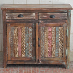 Rainbow Block Print Reclaimed boat wood Small Sideboard Buffet Carved doors Rainbow Block Print Reclaimed boat wood Small Sideboard Buffet Carved doors