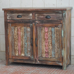 Rainbow Block Print Reclaimed boat wood Small Sideboard Buffet Carved doors Rainbow Block Print Reclaimed boat wood Small Sideboard Buffet Carved doors