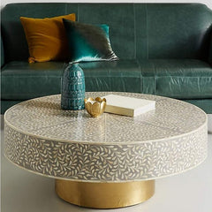 Maaya Brass Bone Inlay Round Drum Coffee Table Grey Floral Maaya Brass Bone Inlay Round Drum Coffee Table Grey Floral