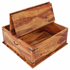 Indian Wooden Large Square Storage Box Trunk with Metal Accents Coffee Table Indian Wooden Large Square Storage Box Trunk with Metal Accents Coffee Table