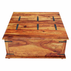 Indian Wooden Large Square Storage Box Trunk with Metal Accents Coffee Table Indian Wooden Large Square Storage Box Trunk with Metal Accents Coffee Table