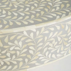 Maaya Brass Bone Inlay Round Drum Coffee Table Grey Floral Maaya Brass Bone Inlay Round Drum Coffee Table Grey Floral