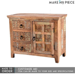 Rainbow Block Print Reclaimed boat wood Small Sideboard Buffet Carved doors Rainbow Block Print Reclaimed boat wood Small Sideboard Buffet Carved doors