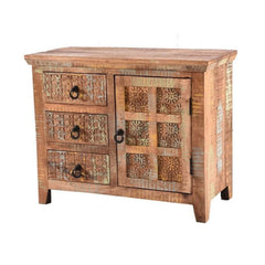 Rainbow Block Print Reclaimed boat wood Small Sideboard Buffet Carved doors Rainbow Block Print Reclaimed boat wood Small Sideboard Buffet Carved doors