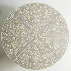 Maaya Brass Bone Inlay Round Drum Coffee Table Grey Floral Maaya Brass Bone Inlay Round Drum Coffee Table Grey Floral