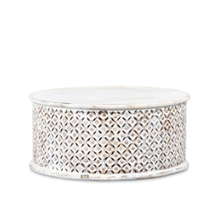Bristol Hand Carved Indian Solid Wood Round Coffee Table (White Rustic Finish) Bristol Hand Carved Indian Solid Wood Round Coffee Table (White Rustic Finish)
