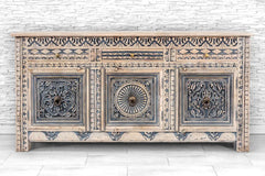 Indian Hand Carved Solid Wooden 3 Door & 3 Drawers Sideboard whiewash and grey 01 Indian Hand Carved Solid Wooden 3 Door & 3 Drawers Sideboard whiewash and grey 01