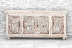 Indian Hand Carved Solid Wood 4 Door Sideboard Whitewash 14 Indian Hand Carved Solid Wood 4 Door Sideboard Whitewash 14