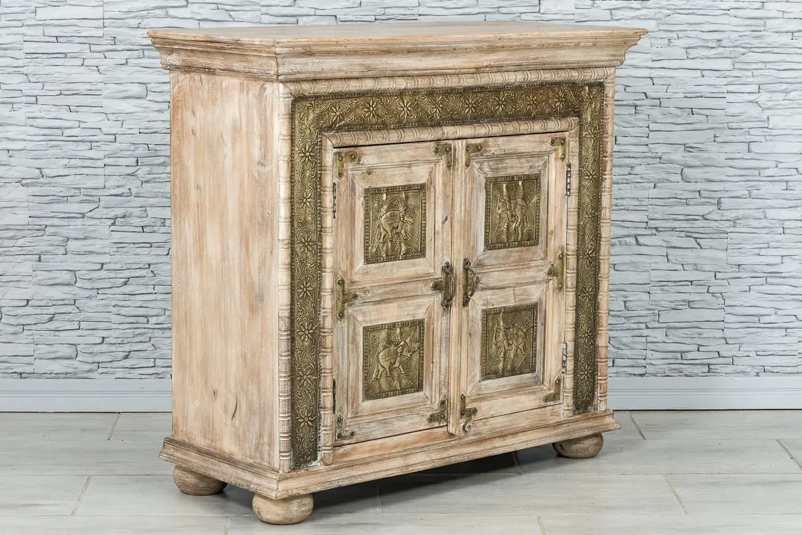 Antique Indian Brass Work Hand Carved Solid Wooden Sideboard Natural 101x45x95cm A087  -   Antique Indian Brass Work Hand Carved Solid Wooden Sideboard Natural 101x45x95cm A087  -