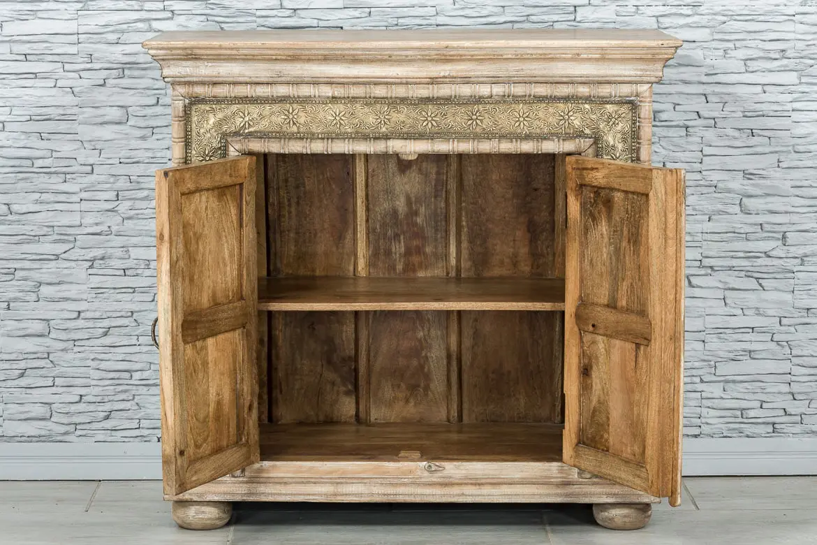 Antique Indian Brass Work Hand Carved Solid Wooden Sideboard Natural 101x45x95cm A087  -   Antique Indian Brass Work Hand Carved Solid Wooden Sideboard Natural 101x45x95cm A087  -