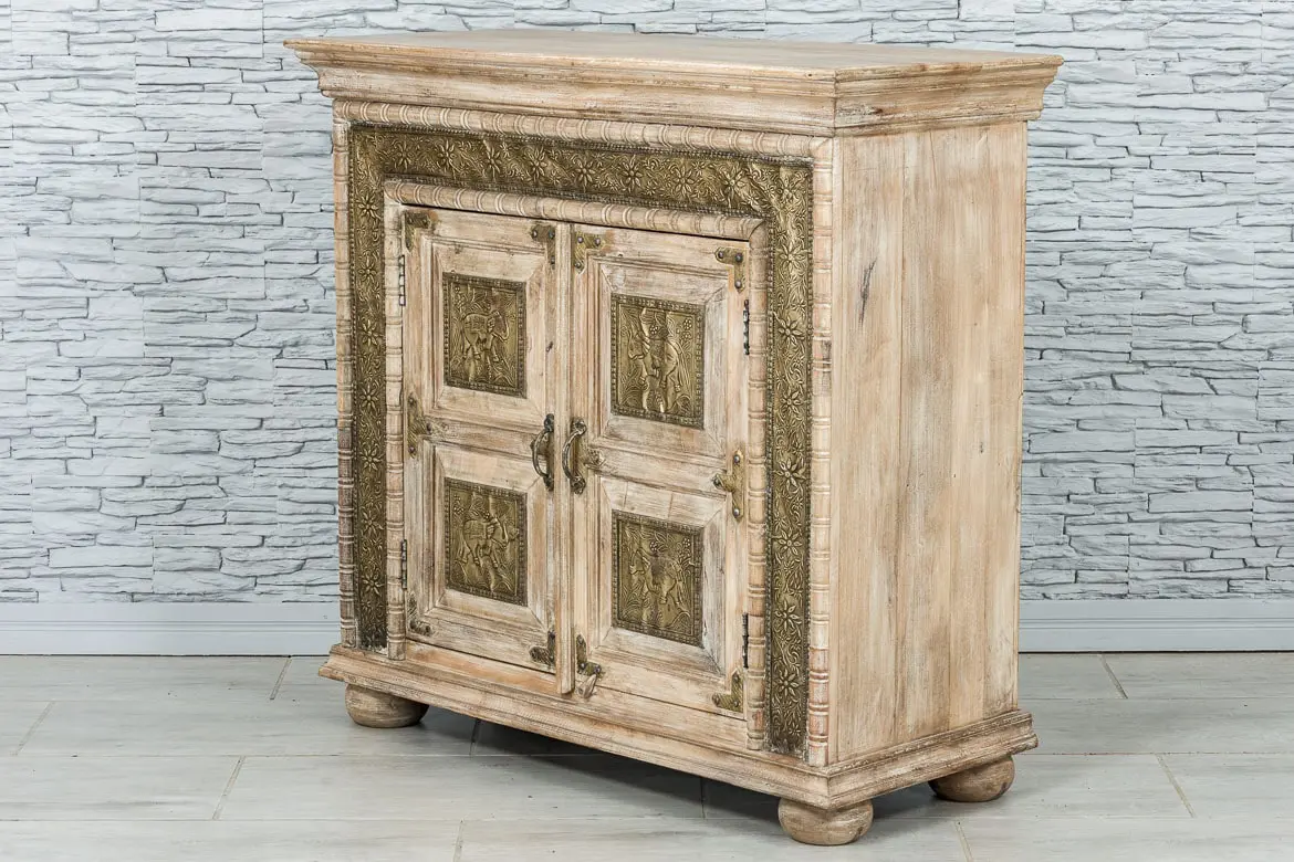 Antique Indian Brass Work Hand Carved Solid Wooden Sideboard Natural 101x45x95cm A087  -   Antique Indian Brass Work Hand Carved Solid Wooden Sideboard Natural 101x45x95cm A087  -