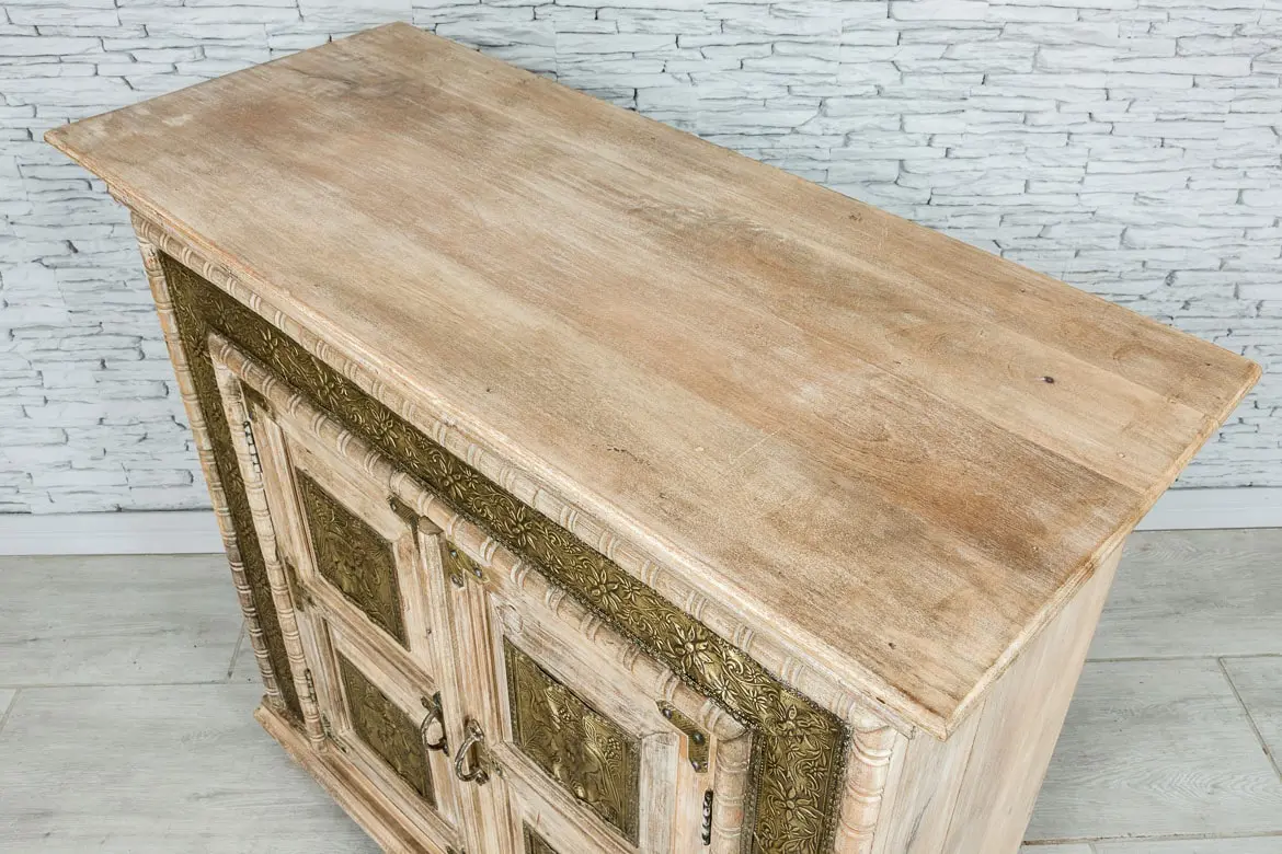 Antique Indian Brass Work Hand Carved Solid Wooden Sideboard Natural 101x45x95cm A087  -   Antique Indian Brass Work Hand Carved Solid Wooden Sideboard Natural 101x45x95cm A087  -