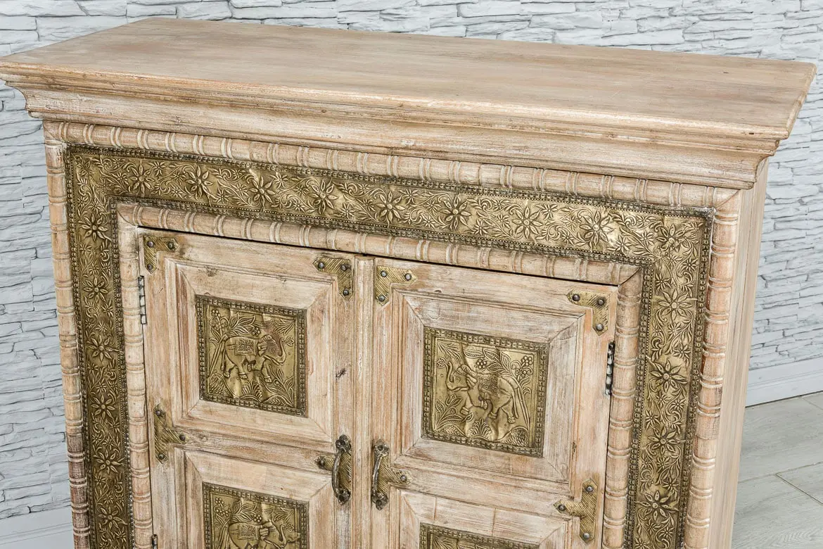 Antique Indian Brass Work Hand Carved Solid Wooden Sideboard Natural 101x45x95cm A087  -   Antique Indian Brass Work Hand Carved Solid Wooden Sideboard Natural 101x45x95cm A087  -